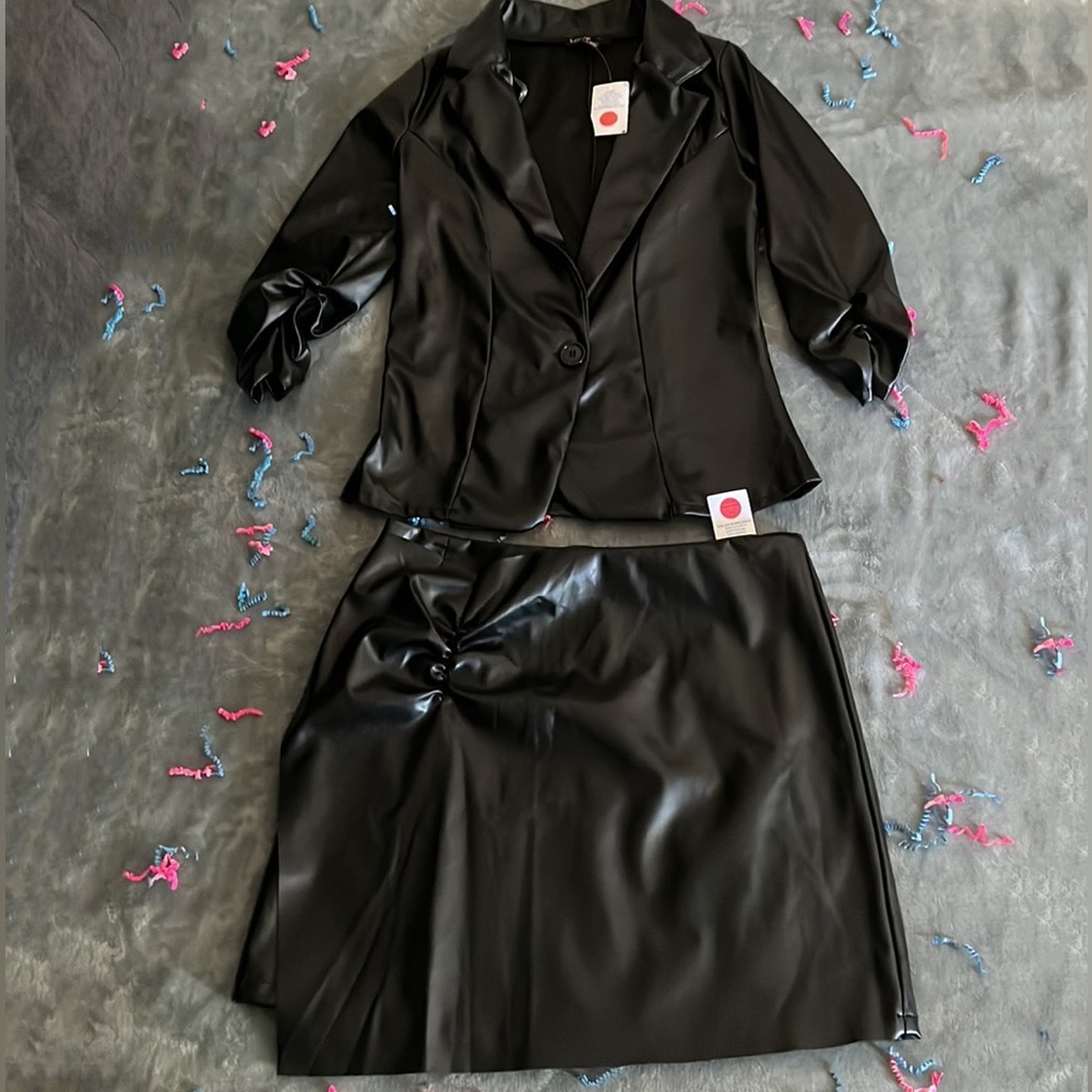 Ruched Sleeve, Button Front Faux Leather Blazer & Ruched Front Faux Leathr Skirt